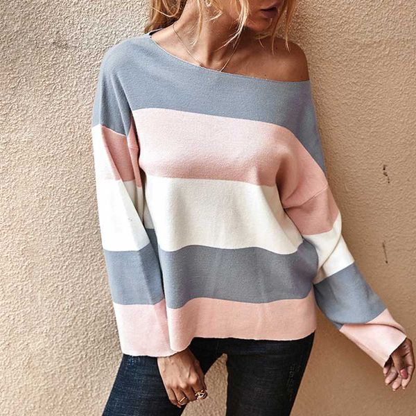

new women autumn knitted loose color block off one shoulder blouse shirt casual long sleeve tunic shirt pullover, White