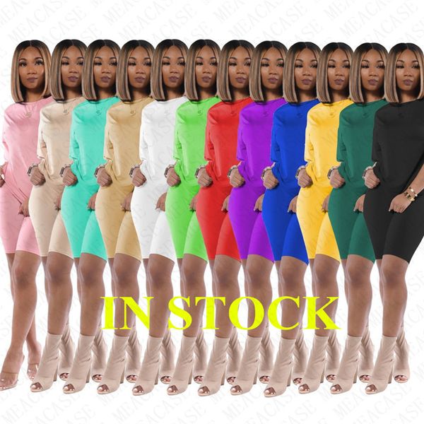 

women tracksuit two piece outfits casual round neck solid color slim short sleeve t shirt shorts leggings summer beach sports suits d71403, White