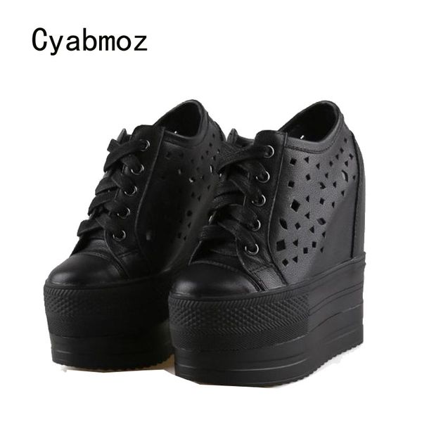 

cyabmoz genuine leather height increasing shoes woman sneakers hollow platform women high heels pumps party ladies shoes, Black