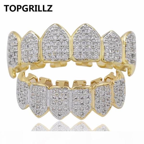 

rillz hip hop grillz iced out zircon fang mouth teeth grillz caps & bottom grill set men women vampire grills, Black