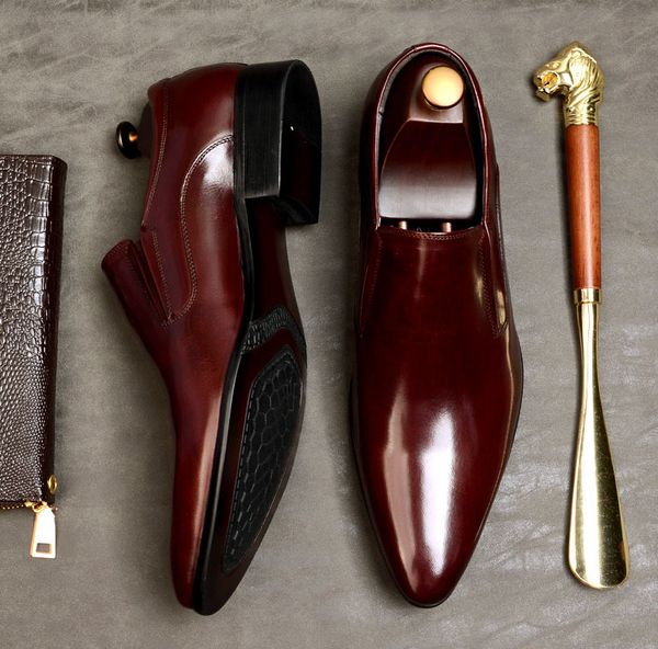 

qyfcioufu fashion men's dress genuine leather slip on classic pointed toe office work wedding party formal shoes us 11.5 cx200731, Black