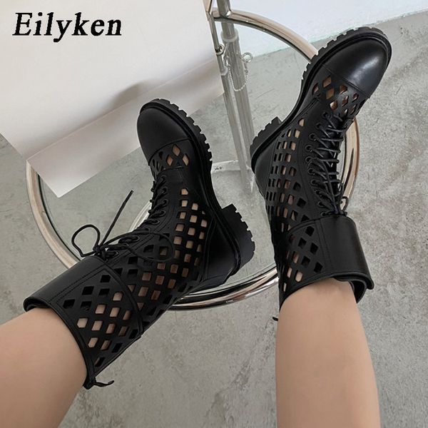 

eilyken new punk style thick bottoms women ankle boots fashion breathable hollow ladies lace-up double buckle designer shoes, Black