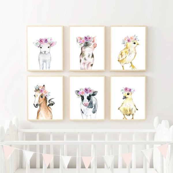 

farm animal art canvas painting girl nursery wall decor baby floral farm animals posters and prints wall pictures decoration