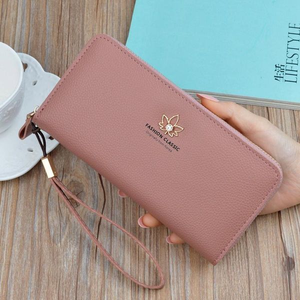 

pink wallet ladies long fashion 2020 japan and south korea zipper large capacity litchi pattern leaf wallet clutch bag 11