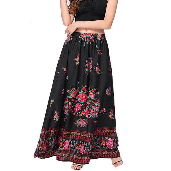 

beach polyester long skirts for women boho maxi skirt summer floral printed holiday long skirt high waist faldas largas mujer d4, Black