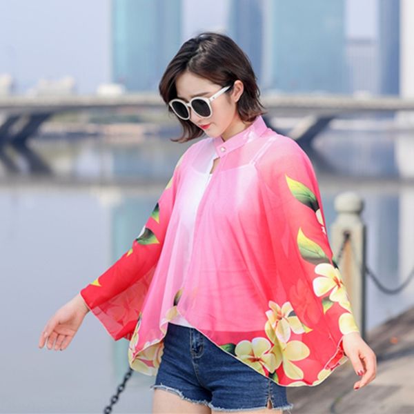 

4gxdt 2019 fashion sunshade multifunctional princess chiffon printed three-button sunscreen clothes uv protection new 2019 fashion sunshade, Blue;gray