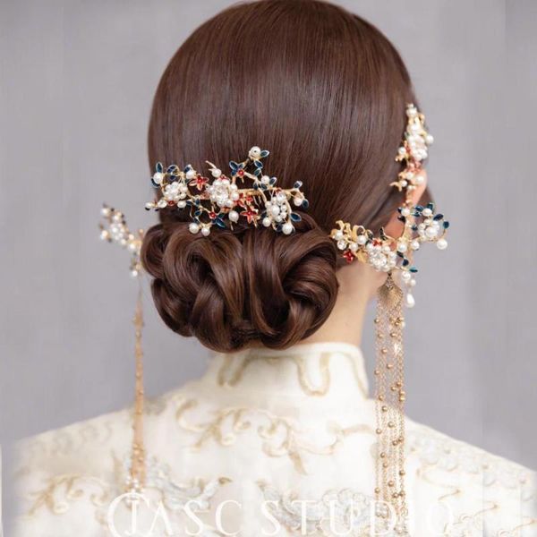 

bride chinese red headdress earrings vintage pearl tassel hairpins comb wedding hair accessories, Golden;silver