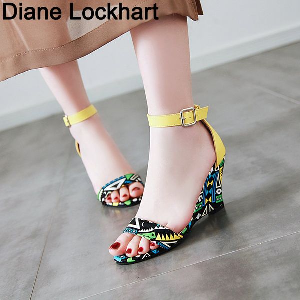 

new designer print denim sandals women roman sandals wedges high heels peep-toe platform shoes woman feminina mujer, Black