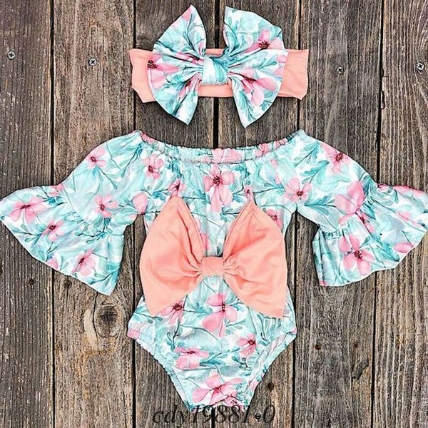 

2019 summer newborn kids baby girls big bowknot floral printed romper jumpsuit + bow knot headband clothes sunsuit, Blue