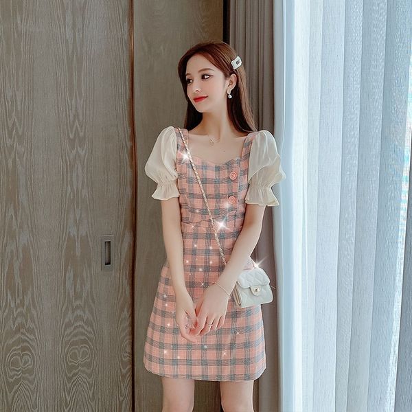 

2020 summer plaid new flared sleeve plaid dress sequined short sleeve dress, Black;gray