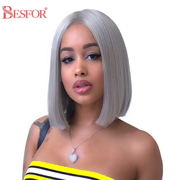 

besfor brazilian virgin human hair grey bob wigs bleached knots short straight 150% density 13x6 lace front wig for black women