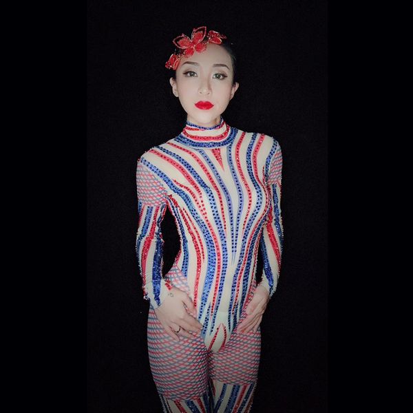 

blue red rhinestones mesh jumpsuit women's birthday party dance bodysuit outfit female singer costume nightclub bar wear, Black;red