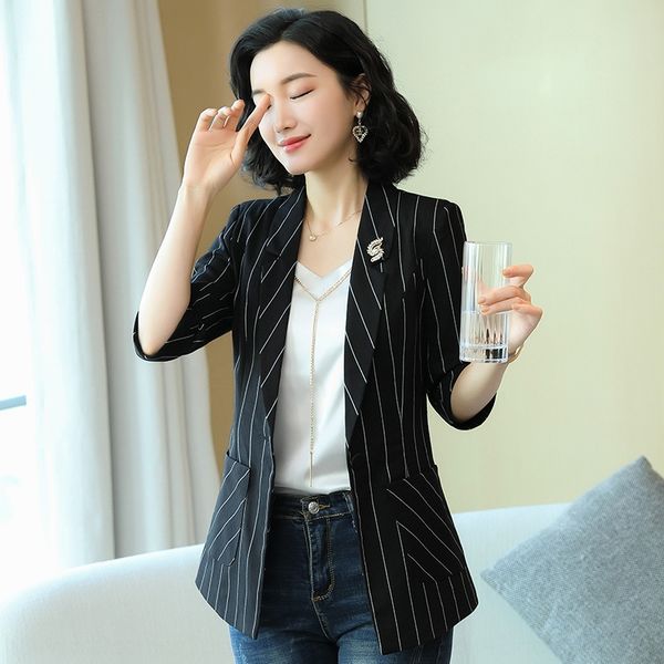 

s4whv 2020 spring and summer new black coat and white striped small suit one button middle sleeve suit coat women's interview business, White;black