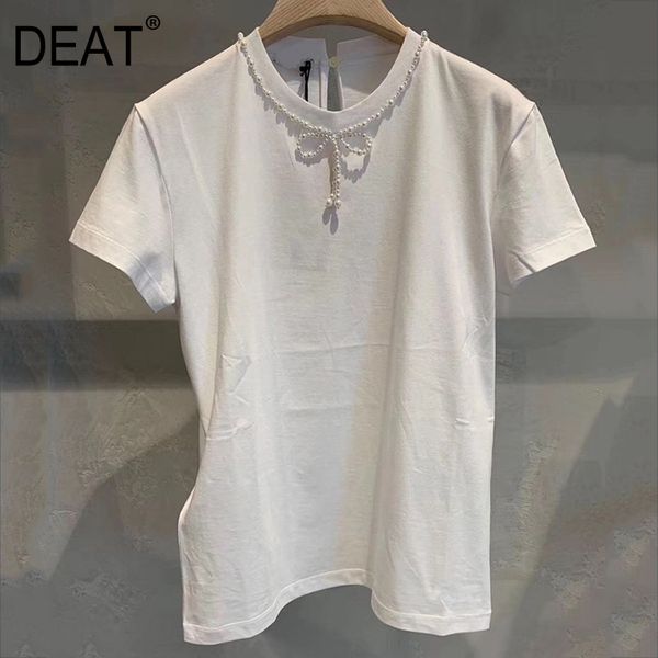 

deat 2020 new summer fashion women clothing french mm round neck short sleeves pullover pearl t-shirt, White