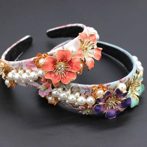 

pearl metal flower baroque headband metal horn flower pearl geometry multi-color versatile headband 854, Golden;silver