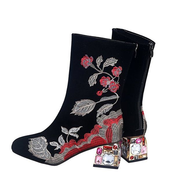 

woman mild-calf boots women elegant boots fashion embroidery female crystal high heels ladies zip shoes women's plus size 43, Black