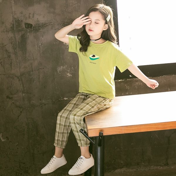 

clothing 2020 summer girls' leisure suit girls' plaid avocado leisure summer clothing sports two-piece set children's childre