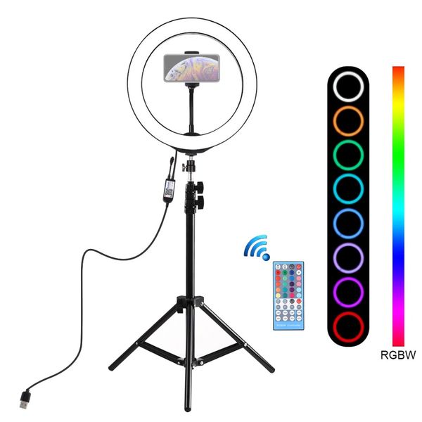 

quality tripod stand + 10 inch 26cm rgbw led ring recording video light live kit with remote control cold shoe tripod ball head
