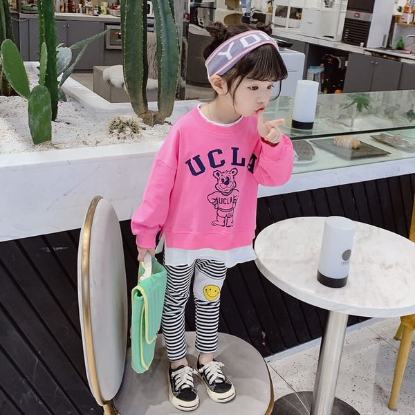 

kids designer clothes girls2020 cartoon bear sweater stitching suit striped smiley face leggings two-piece one-piece delivery wholesale, White
