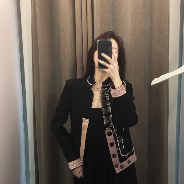 

2019 pre black good texture pin drill trim color panel chic versatile temperament slim suit jacket jacket women's, White;black