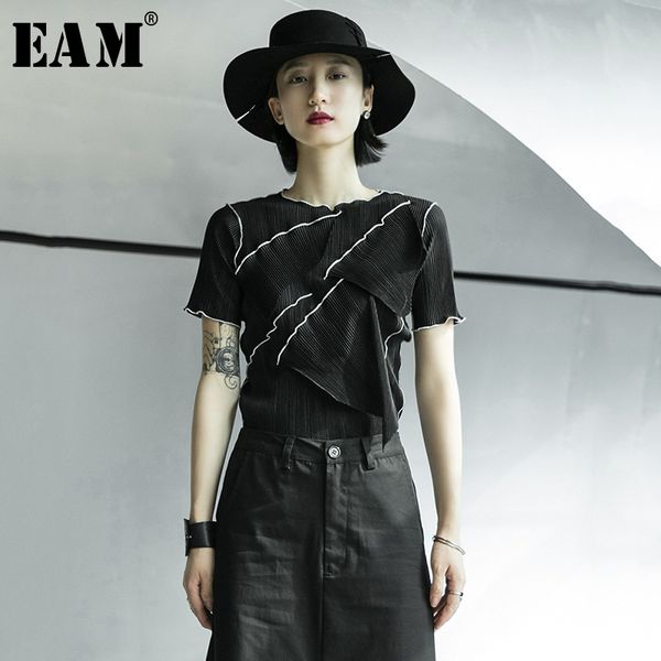 

eam] women black brief pleated irregular ruffles t-shirt new round neck short sleeve fashion tide spring summer 2020 1x010, White