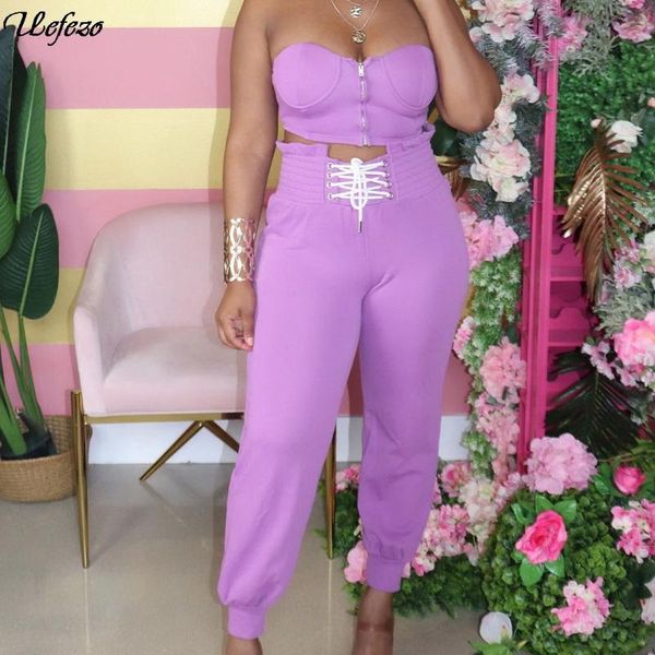 

uefezo women two piece solid outfits summer strapless tube and drawstring pants set chic suits streetwear, Gray