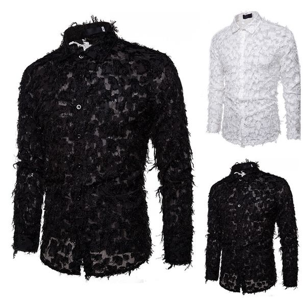 

menshandmade 3d feather fabric features lapel long-sleeved shirt a147, White;black