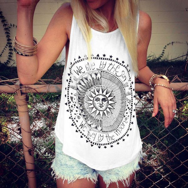 

2020 summer fashion women sun printed boho ladies daily shirts loose polyester casual sleeveless tee shirt tank clothes, White
