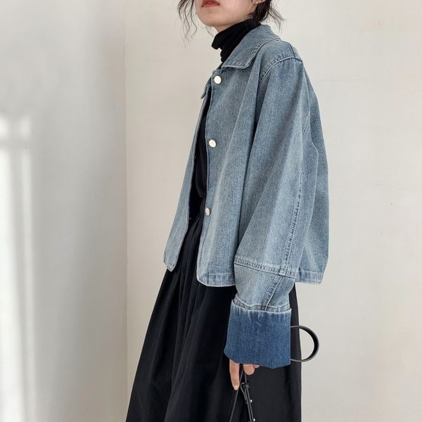 

spring and autumn new small curled sleeve denim jacket korean style loose slimming bfstyle casual jacket short trendy, Black;brown