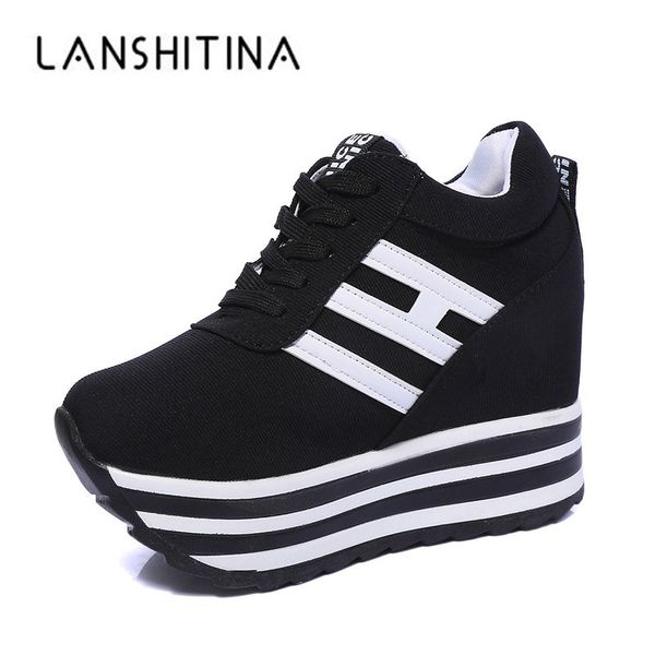 

новые женщины повседневная обувь платформы высокие каблуки обуви женщина клинья холст обувь тренеры кроссовки heigh повышение zapatos mujer, Black