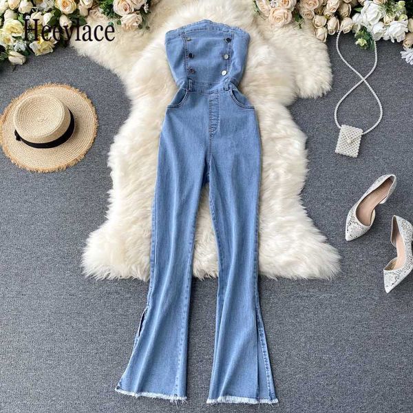 

women's jumpsuits & rompers fashion denim women jumpsuit strapless 2021 summer casual off shoulder solid blue female pants, Black;white