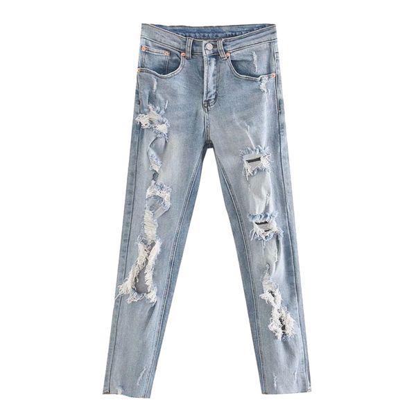 

chic fashion ripped hole slim boyfriend jeans vintage zipper pockets denim pants female ankle trousers, Blue