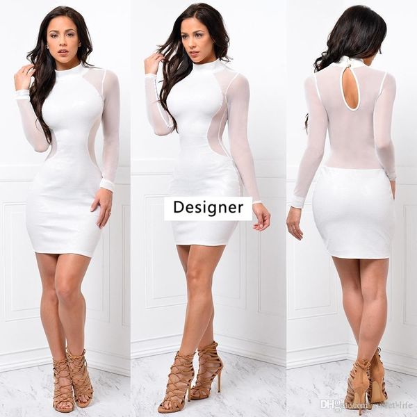 

white black night club women bodycon dresses sheer back lady knee length crew neck sheath casual dress, Black;gray