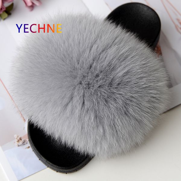 

2020 women's real fur slippers raccoon furry fox slipper fur slides cute ladies cute plush sandals flat fluffy shoes for women, Black
