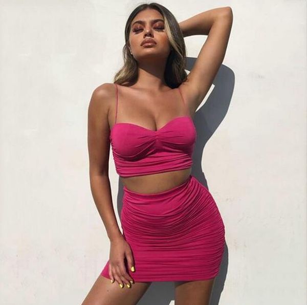 

piece set fashion spaghetti strap ruched crop two piece dress new women summer suits womens 2, White
