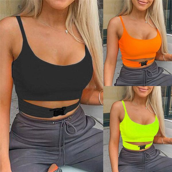 

2020 new summer fashion women tank sling personalized buckle straps crop tank summer casual sleeveless short vest clubwear, White
