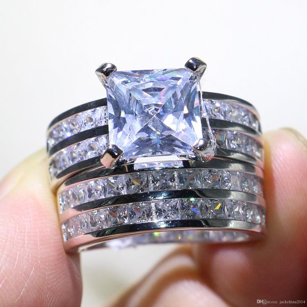 

victoria sparkling couple rings luxury jewelry 925 silver princess cut 5a clear zirconia cz diamond promise wedding bridal ring set gift, Slivery;golden