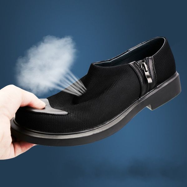 

men summer handmade loafers breathable casual slip ons sandals fashion zipper mesh hollow out mens outdoor walking shoes, Black