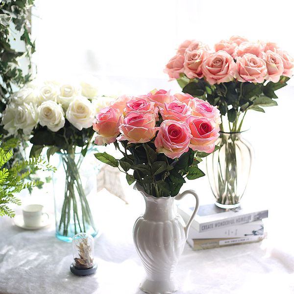 

10pcs/lot wedding decorations real touch material artificial flowers rose bouquet home party decoration fake silk single stem flowers floral