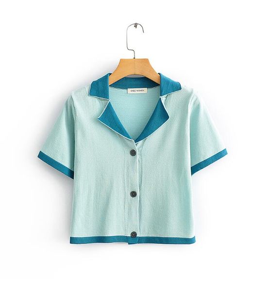 

acrylic blend colour blocking lapel neck knitted short sleeve blouse t-shirt, White