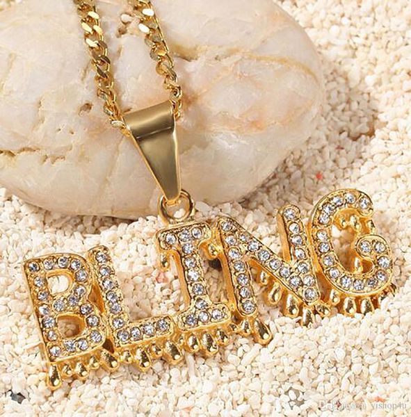 

18k gold plated letter bling stainless steel pendant necklace men women hiphop necklace simulation diamond rhinestone crystal pendant, Silver