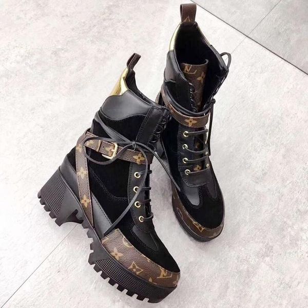 

new boots genuine leather woman short boots flat thicken low heeled chunky womens shoes casual laureate platform desert boot bottes femmes, Black
