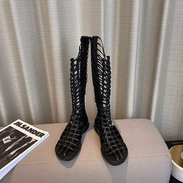 

high boots cut-outs summer sandals flat heel women's shoes zipper elastic 16 inches gladiator sandals 2020 new, Black