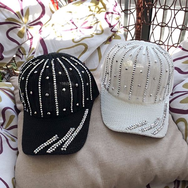 

8q64p women's sunscreen hat baseball knitted hollow breathable knitted cap summer korean all-match rhinestone baseball cap sun-proof ha, Blue;gray