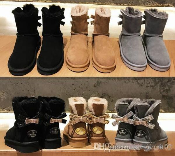 

2019 desinger female winter leather bow rhinestone crown warm thick cotton shoes australia classic single double diamond snow boots, Black
