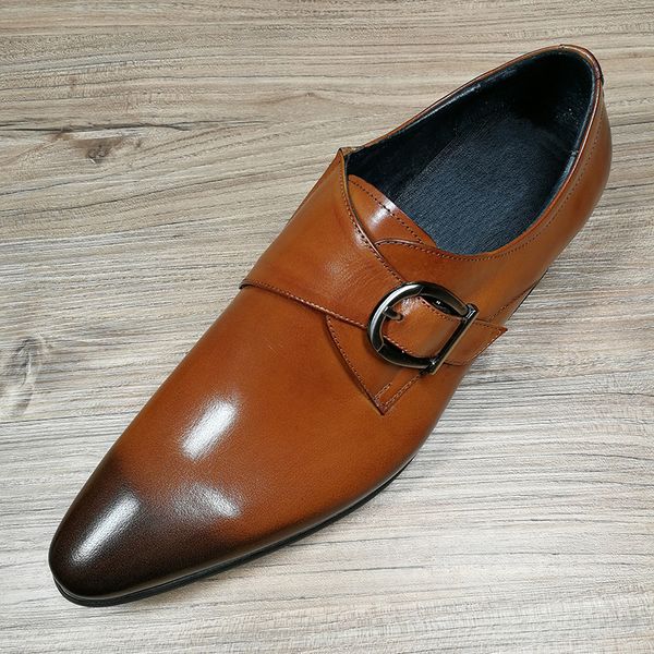 

genuine leather men oxford shoes pointed toe mens dress shoes with buckle male wedding shoes hombre business shoe, Black