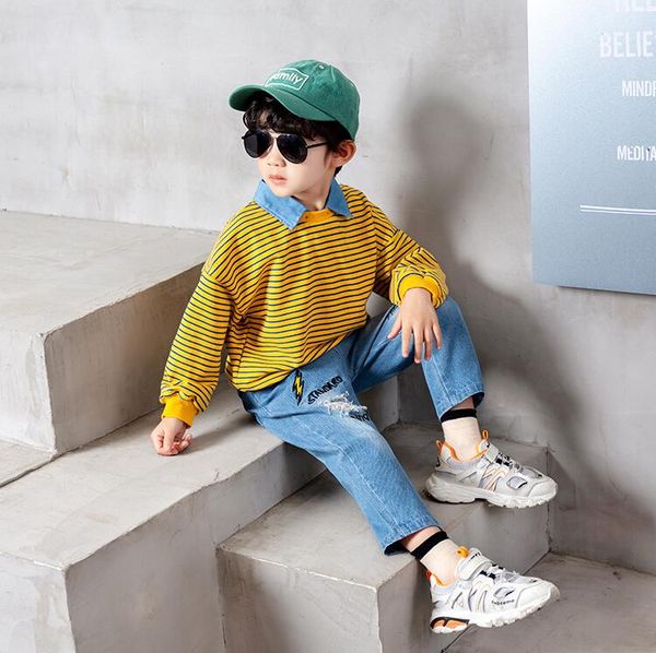 

spring and autumn children set cotton baby boys long sleeve striped t-shirts and jeans 2pcs sets infant set kids clothing, White