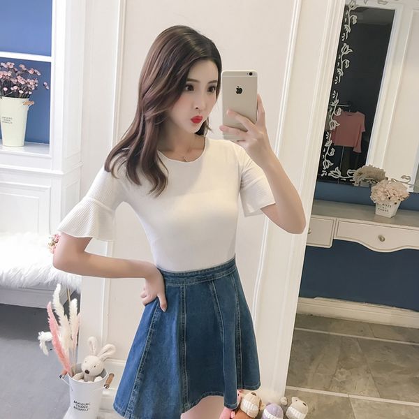 

spring and summer knitwear women's slim stretch bell sleeve all-match shirt round neck pullover knitted sweater pullover base shirt, White;black