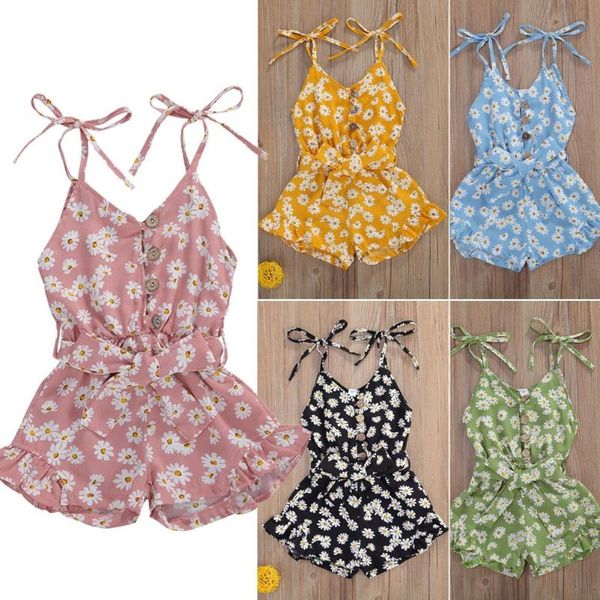 

2020 summer toddler baby girls sweet rompers flowers print sleeveless v neck belt chiffon jumpsuits 5 colors, Blue