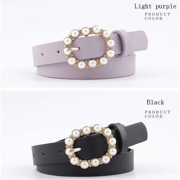 

1 pcs fashion pearl decor women belt round pin buckle belts casual solid color pu leather thin belt women dress accessories, Black;brown